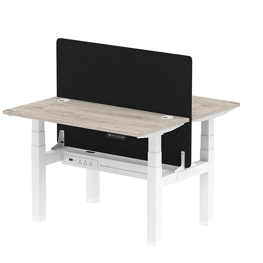 Air 2 Person Sit-Standing Bench Desk with Black Straight Screen, Back to Back, 2 x 1200mm (600mm Deep), White Frame, Grey Oak Easy2Order : HA01541