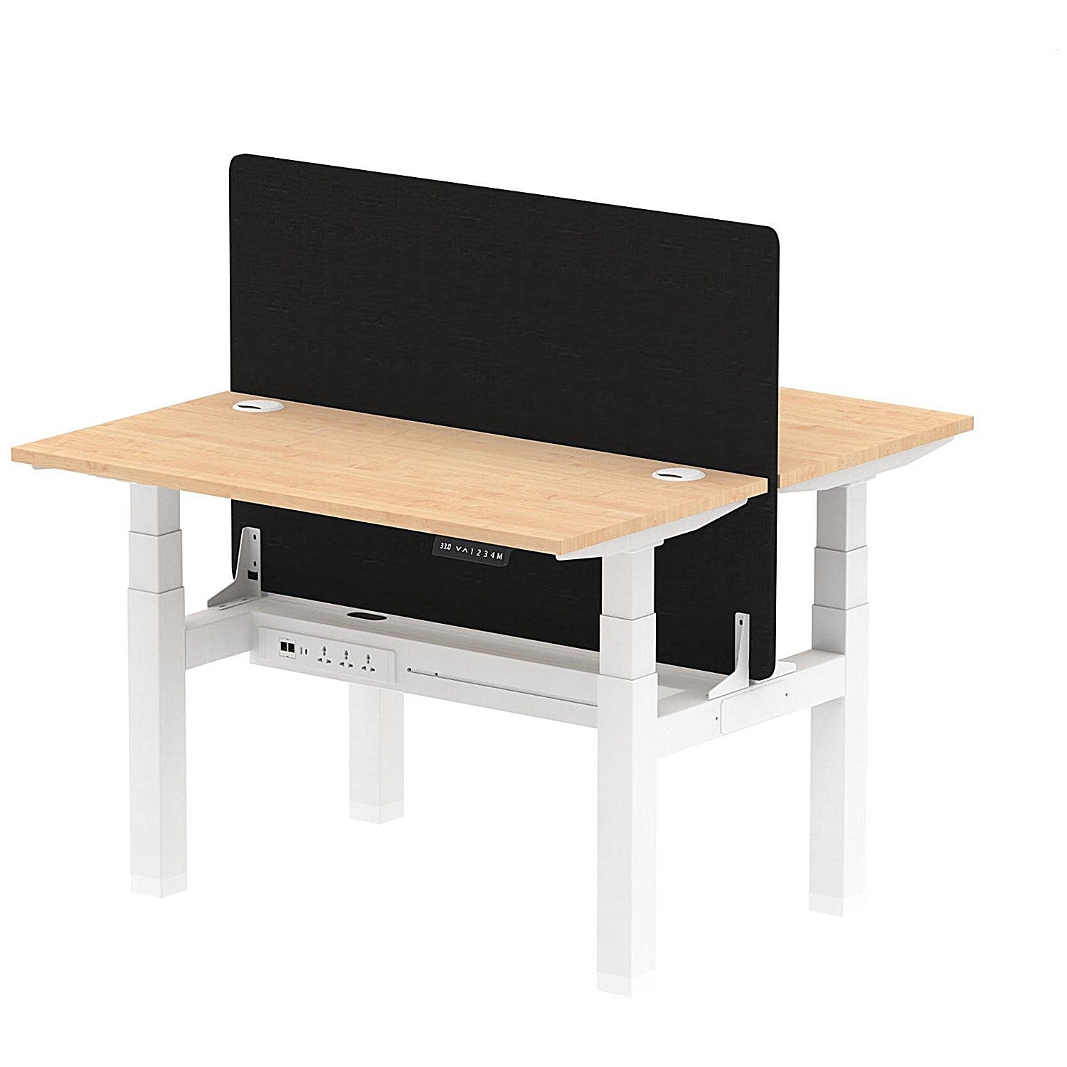 Air 2 Person Sit-Standing Bench Desk with Black Straight Screen, Back to Back, 2 x 1200mm (600mm Deep), White Frame, Maple Easy2Order : HA01547