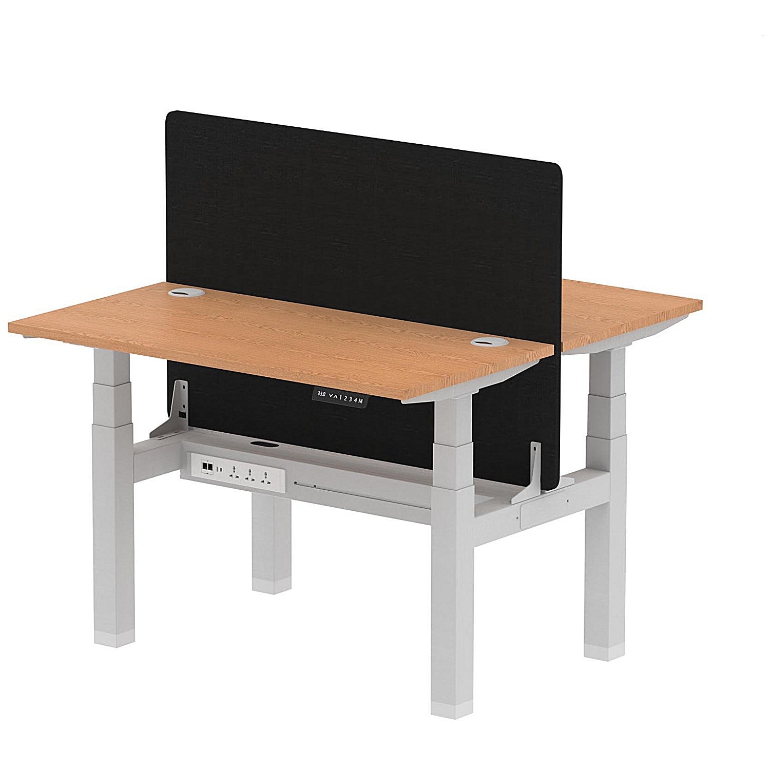 Air 2 Person Sit-Standing Bench Desk with Black Straight Screen, Back to Back, 2 x 1200mm (600mm Deep), Silver Frame, Oak Easy2Order : HA01551