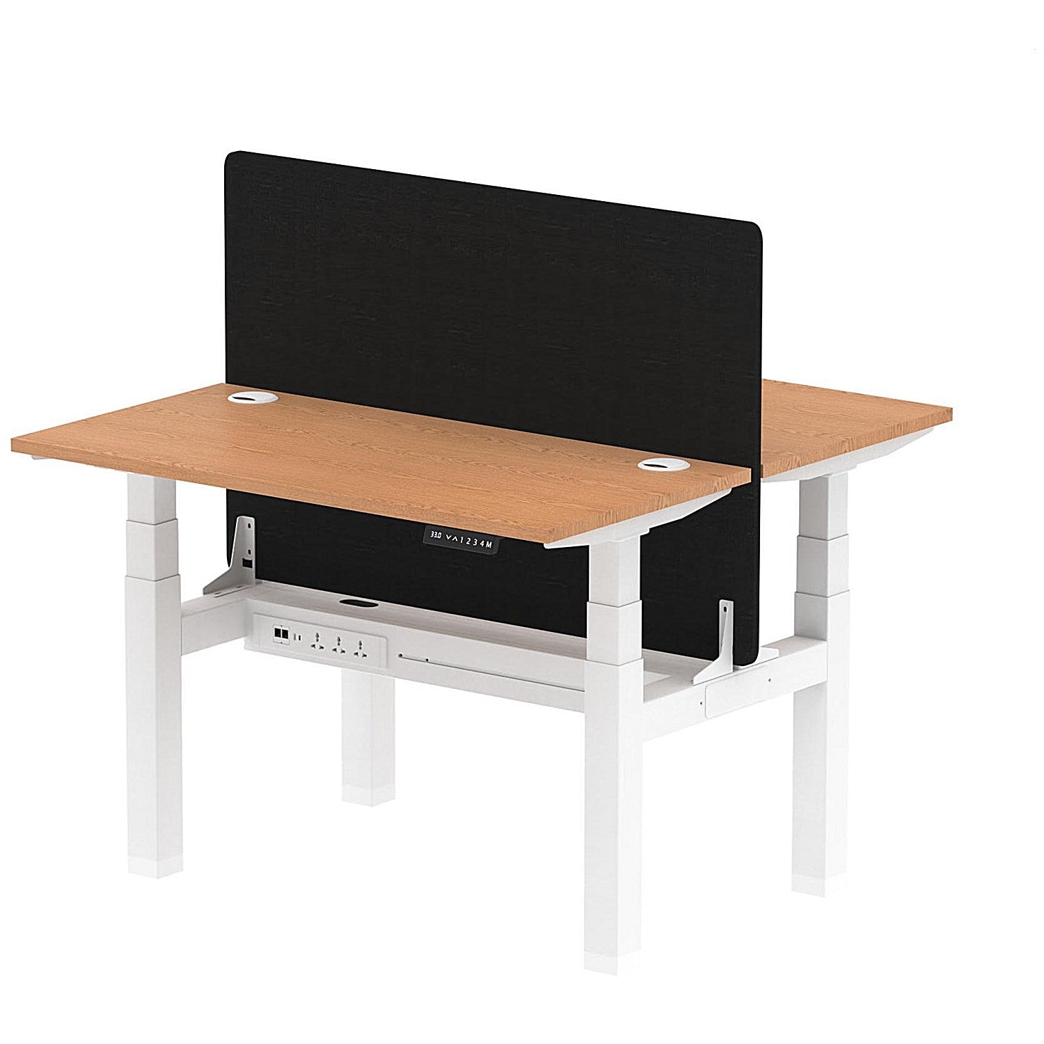 Air 2 Person Sit-Standing Bench Desk with Black Straight Screen, Back to Back, 2 x 1200mm (600mm Deep), White Frame, Oak Easy2Order : HA01553