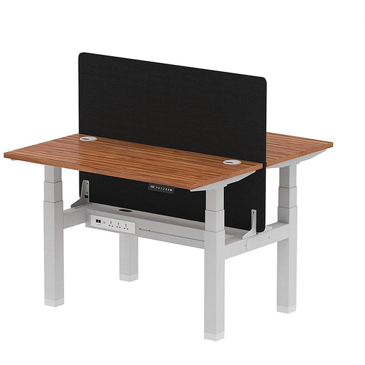 Air 2 Person Sit-Standing Bench Desk with Black Straight Screen, Back to Back, 2 x 1200mm (600mm Deep), Silver Frame, Walnut Easy2Order : HA01557