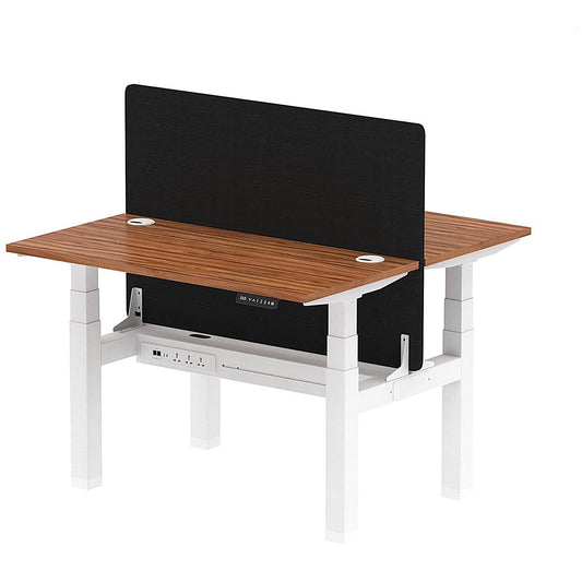 Air 2 Person Sit-Standing Bench Desk with Black Straight Screen, Back to Back, 2 x 1200mm (600mm Deep), White Frame, Walnut Easy2Order : HA01559