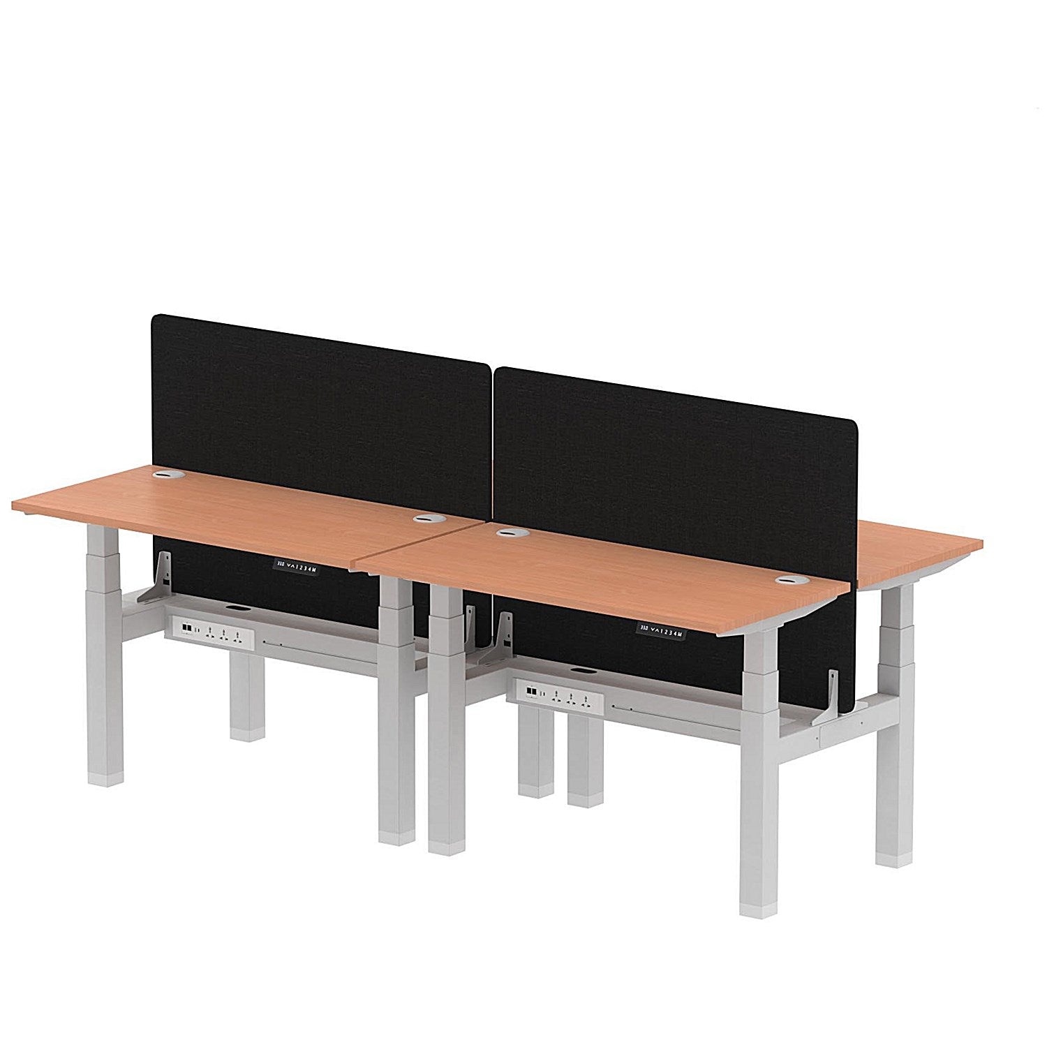 Air 4 Person Sit-Standing Bench Desk with Black Straight Screen, Back to Back, 4 x 1200mm (600mm Deep), Silver Frame, Beech Easy2Order : HA01569