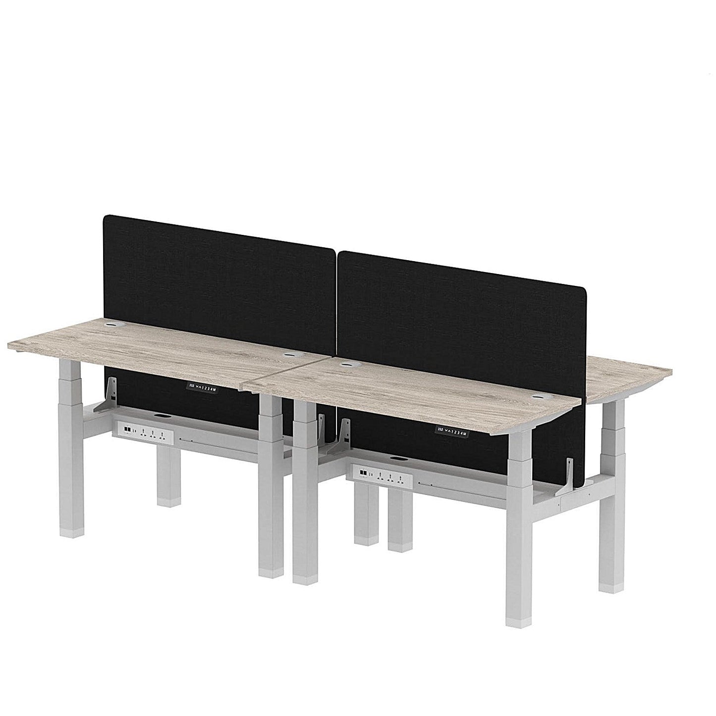 Air 4 Person Sit-Standing Bench Desk with Black Straight Screen, Back to Back, 4 x 1200mm (600mm Deep), Silver Frame, Grey Oak Easy2Order : HA01575
