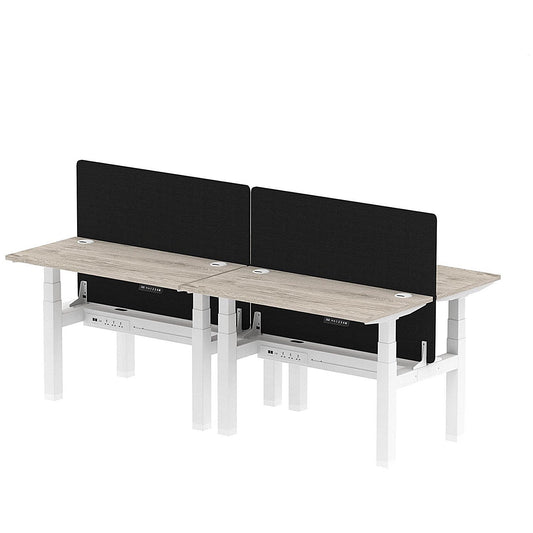 Air 4 Person Sit-Standing Bench Desk with Black Straight Screen, Back to Back, 4 x 1200mm (600mm Deep), White Frame, Grey Oak Easy2Order : HA01577
