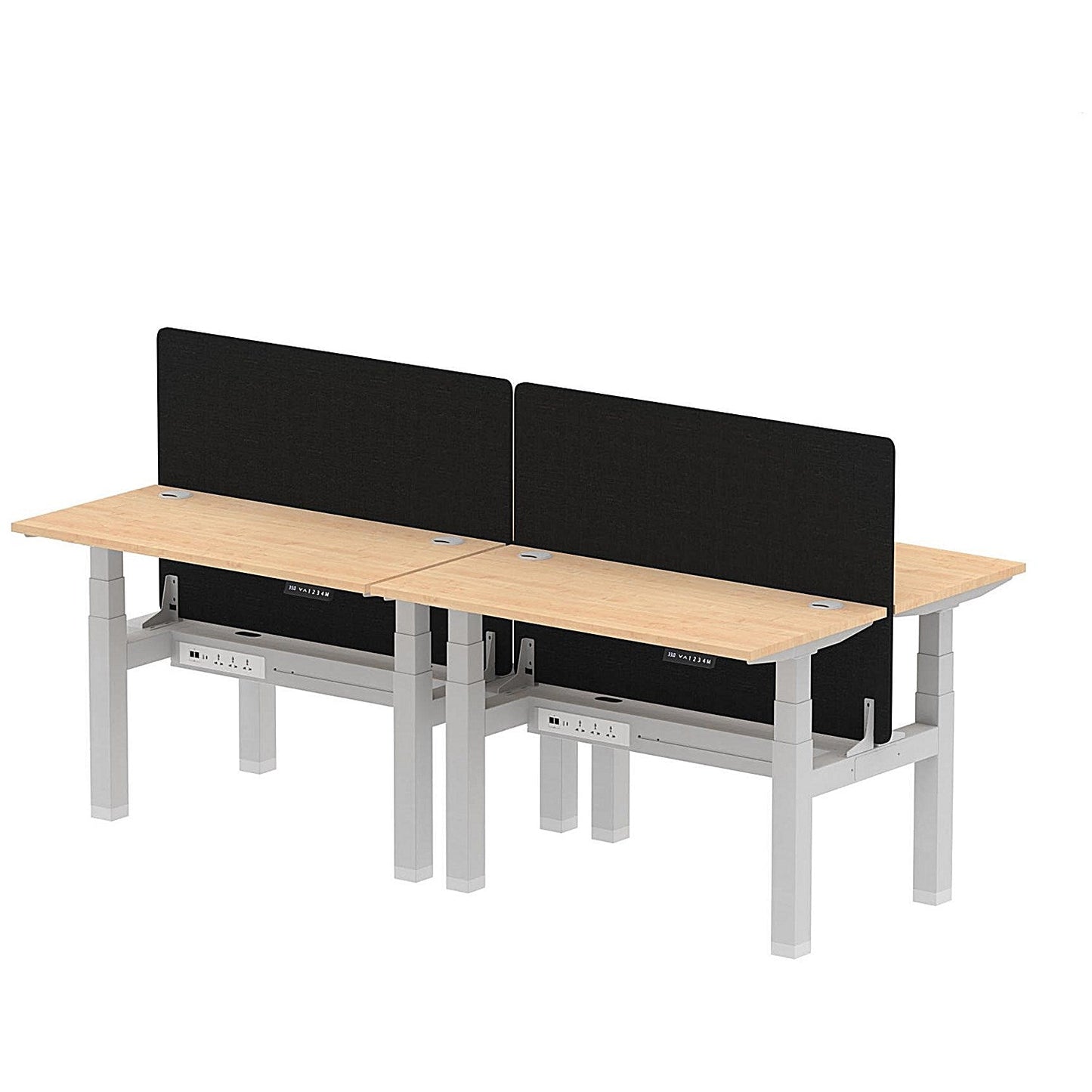 Air 4 Person Sit-Standing Bench Desk with Black Straight Screen, Back to Back, 4 x 1200mm (600mm Deep), Silver Frame, Maple Easy2Order : HA01581