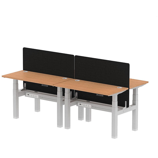 Air 4 Person Sit-Standing Bench Desk with Black Straight Screen, Back to Back, 4 x 1200mm (600mm Deep), Silver Frame, Oak Easy2Order : HA01587