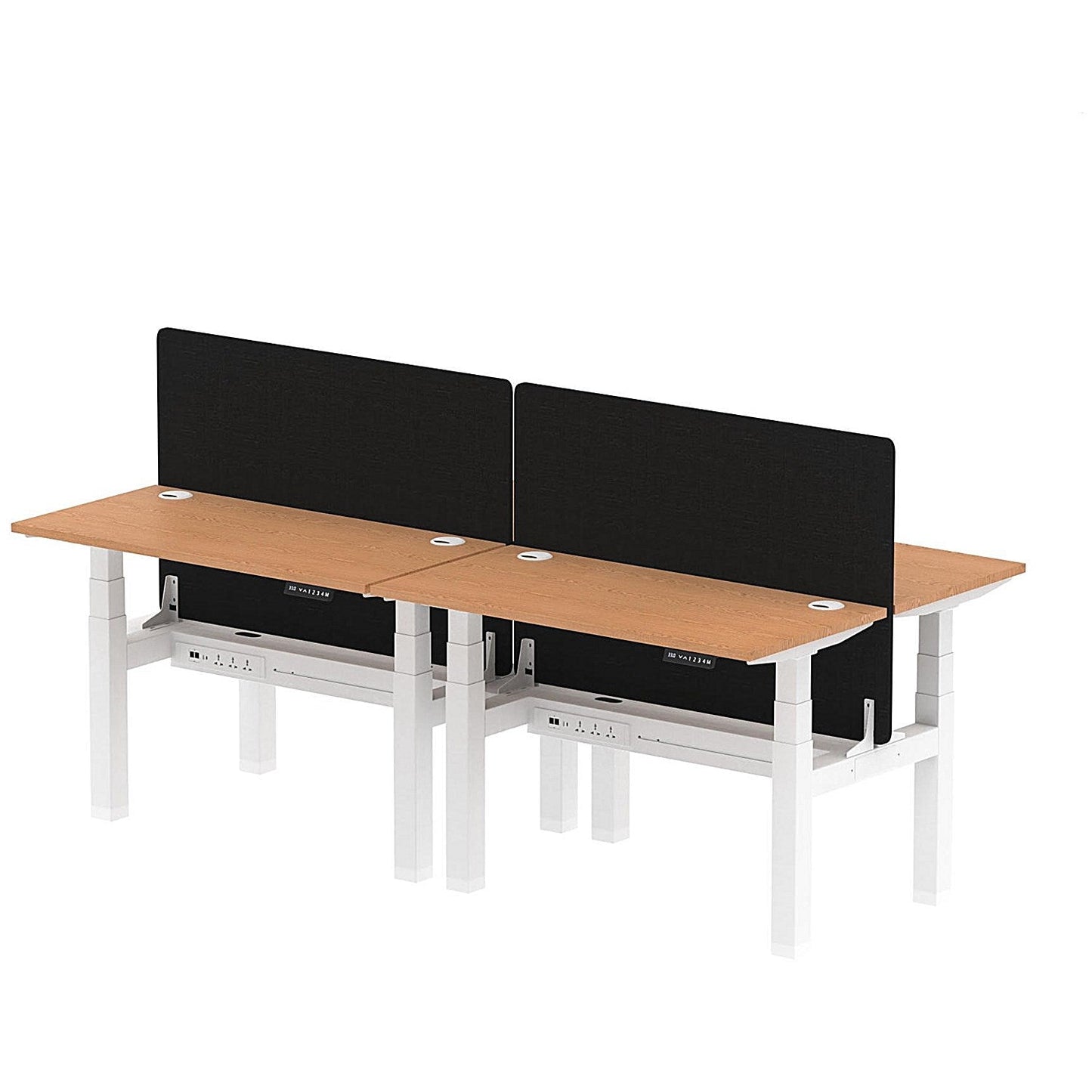Air 4 Person Sit-Standing Bench Desk with Black Straight Screen, Back to Back, 4 x 1200mm (600mm Deep), White Frame, Oak Easy2Order : HA01589