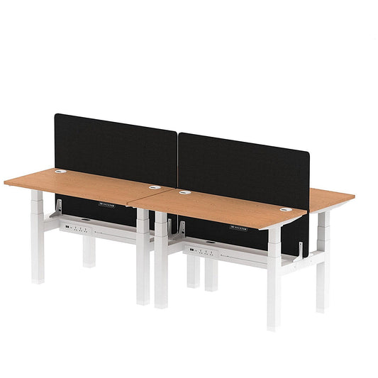 Air 4 Person Sit-Standing Bench Desk with Black Straight Screen, Back to Back, 4 x 1200mm (600mm Deep), White Frame, Oak Easy2Order : HA01589