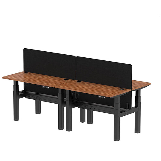 Air 4 Person Sit-Standing Bench Desk with Black Straight Screen, Back to Back, 4 x 1200mm (600mm Deep), Black Frame, Walnut Easy2Order : HA01591