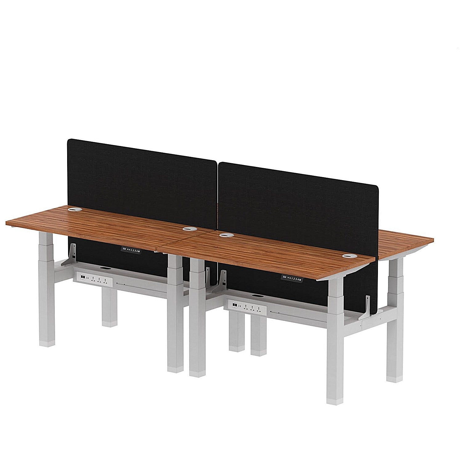 Air 4 Person Sit-Standing Bench Desk with Black Straight Screen, Back to Back, 4 x 1200mm (600mm Deep), Silver Frame, Walnut Easy2Order : HA01593