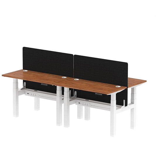 Air 4 Person Sit-Standing Bench Desk with Black Straight Screen, Back to Back, 4 x 1200mm (600mm Deep), White Frame, Walnut Easy2Order : HA01595