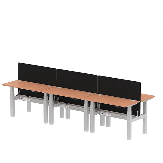 Air 6 Person Sit-Standing Bench Desk with Black Straight Screen, Back to Back, 6 x 1200mm (600mm Deep), Silver Frame, Beech Easy2Order : HA01605
