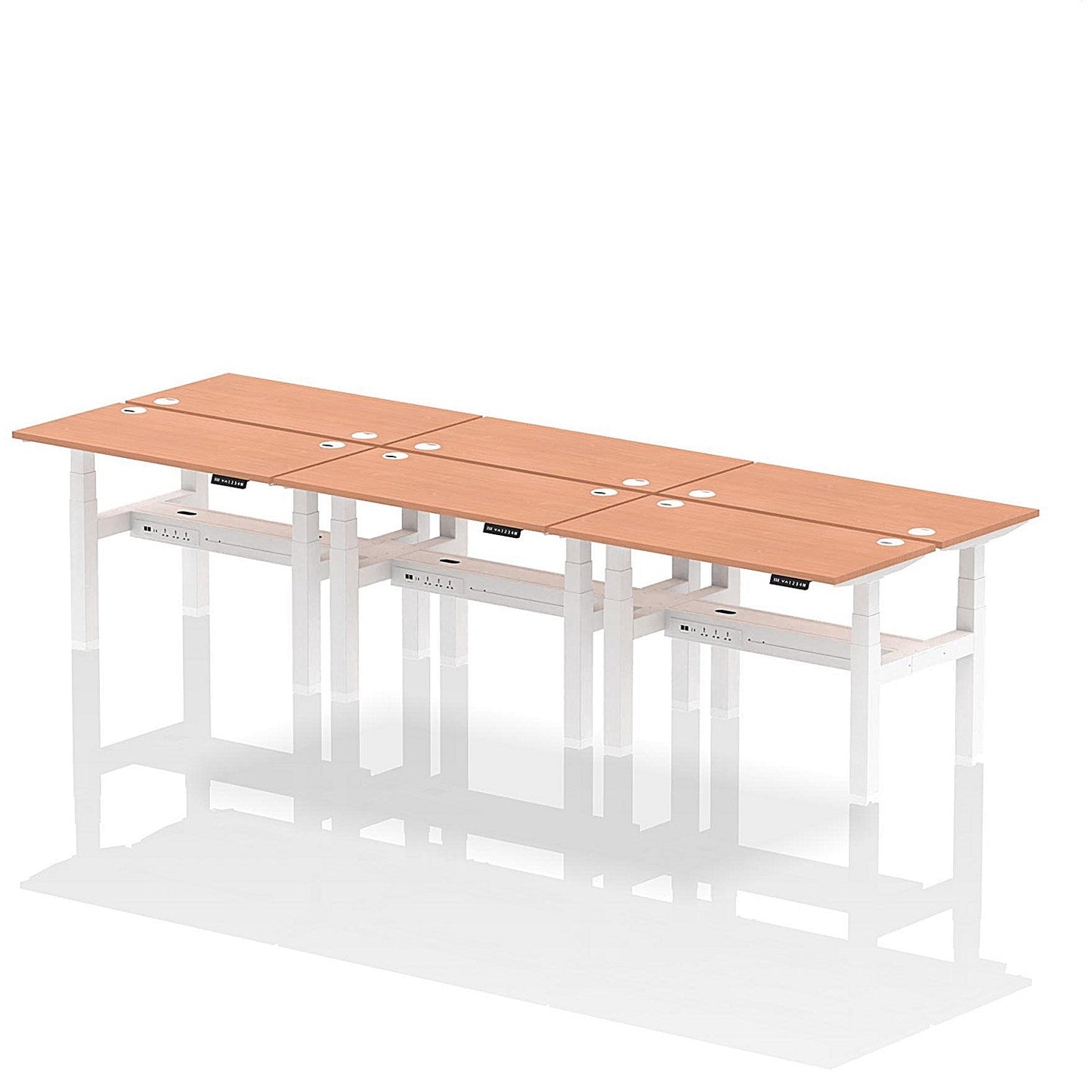 Air 6 Person Sit-Standing Bench Desk, Back to Back, 6 x 1200mm (600mm Deep), White Frame, Beech Easy2Order : HA01606