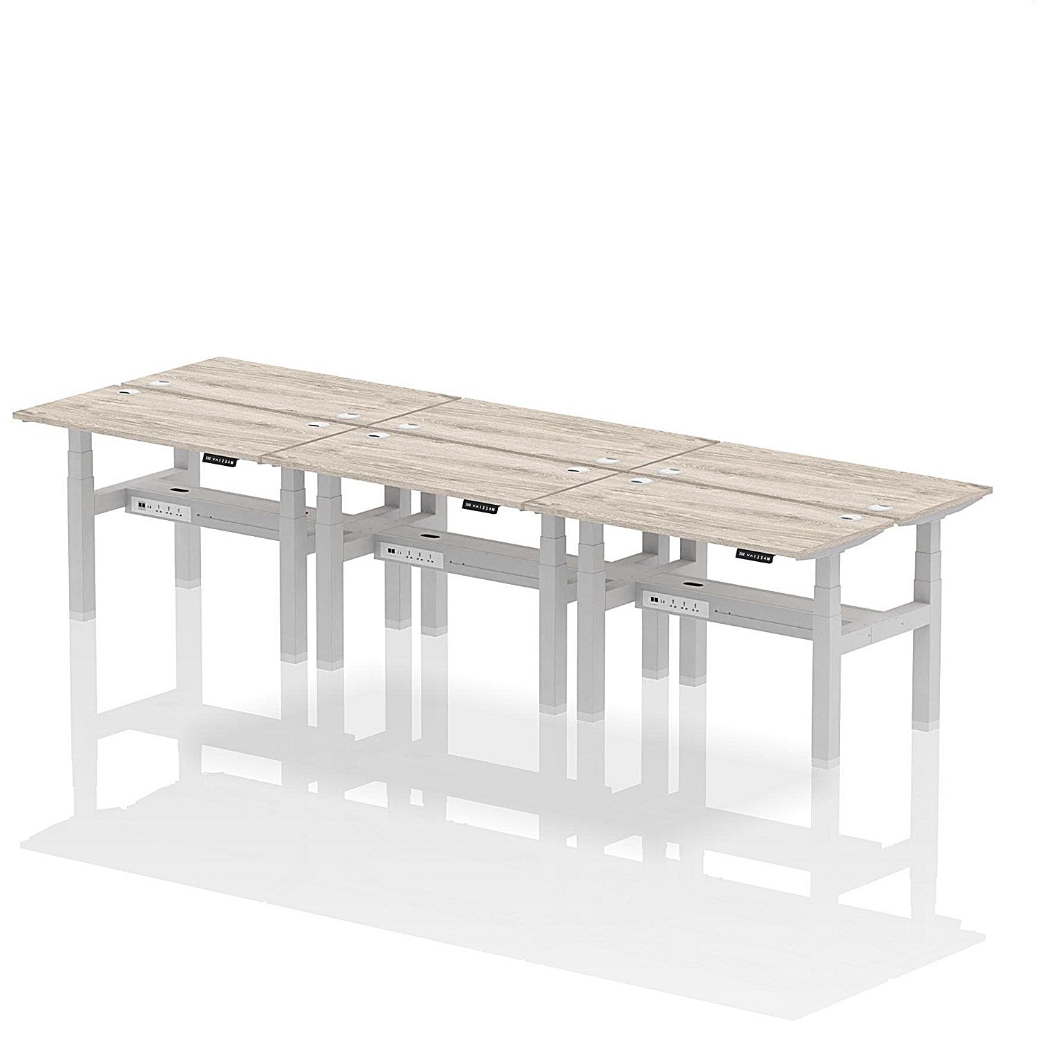 Air 6 Person Sit-Standing Bench Desk, Back to Back, 6 x 1200mm (600mm Deep), Silver Frame, Grey Oak Easy2Order : HA01610
