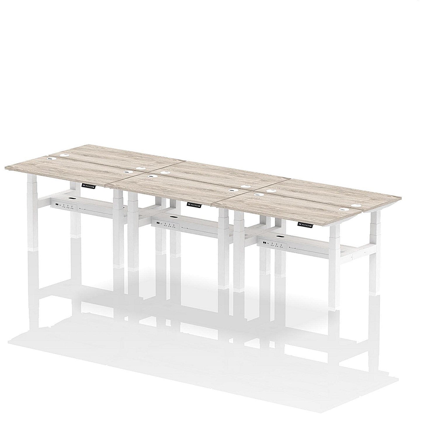 Air 6 Person Sit-Standing Bench Desk, Back to Back, 6 x 1200mm (600mm Deep), White Frame, Grey Oak Easy2Order : HA01612