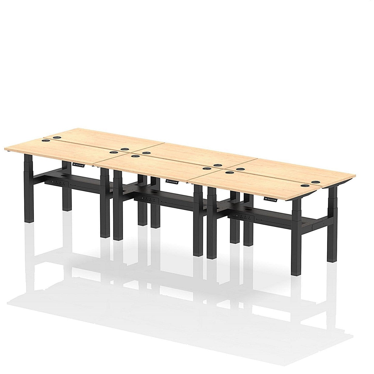 Air 6 Person Sit-Standing Bench Desk, Back to Back, 6 x 1200mm (600mm Deep), Black Frame, Maple Easy2Order : HA01614