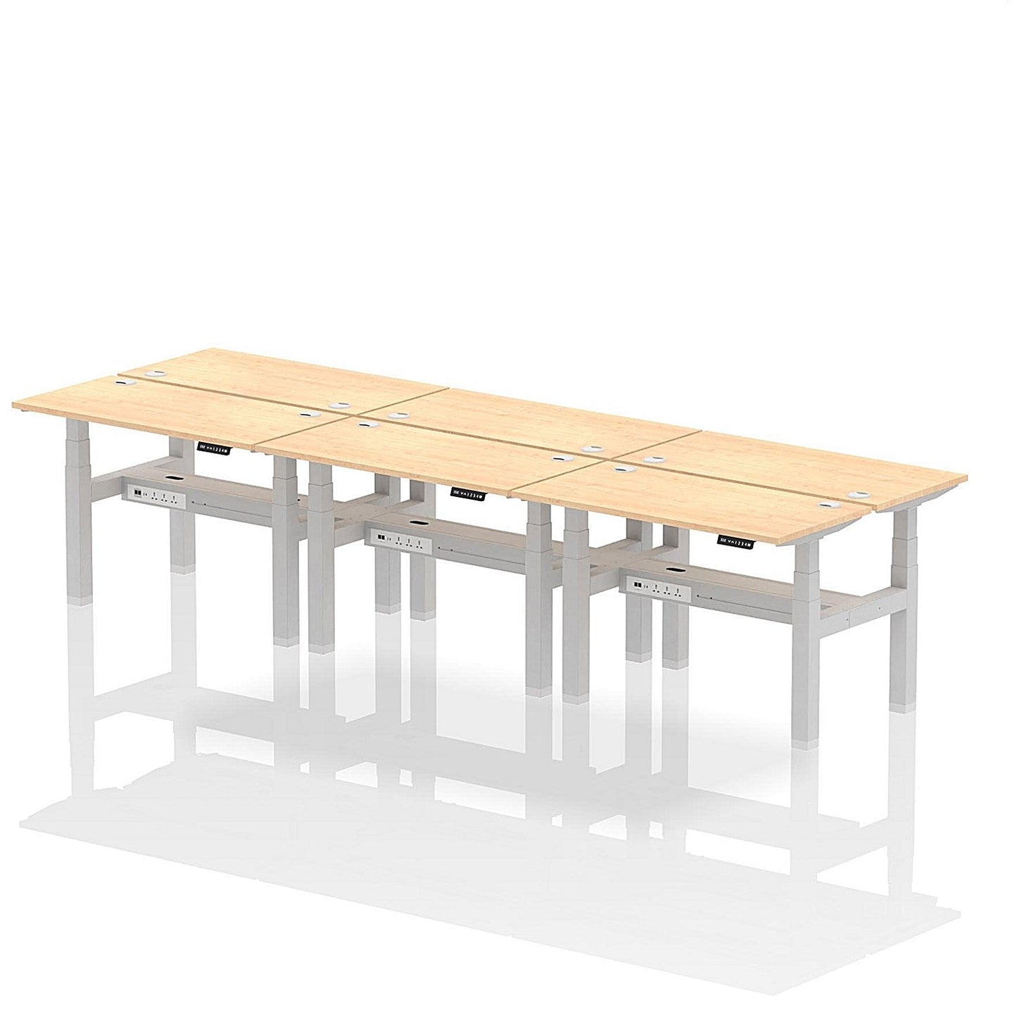 Air 6 Person Sit-Standing Bench Desk, Back to Back, 6 x 1200mm (600mm Deep), Silver Frame, Maple Easy2Order : HA01616