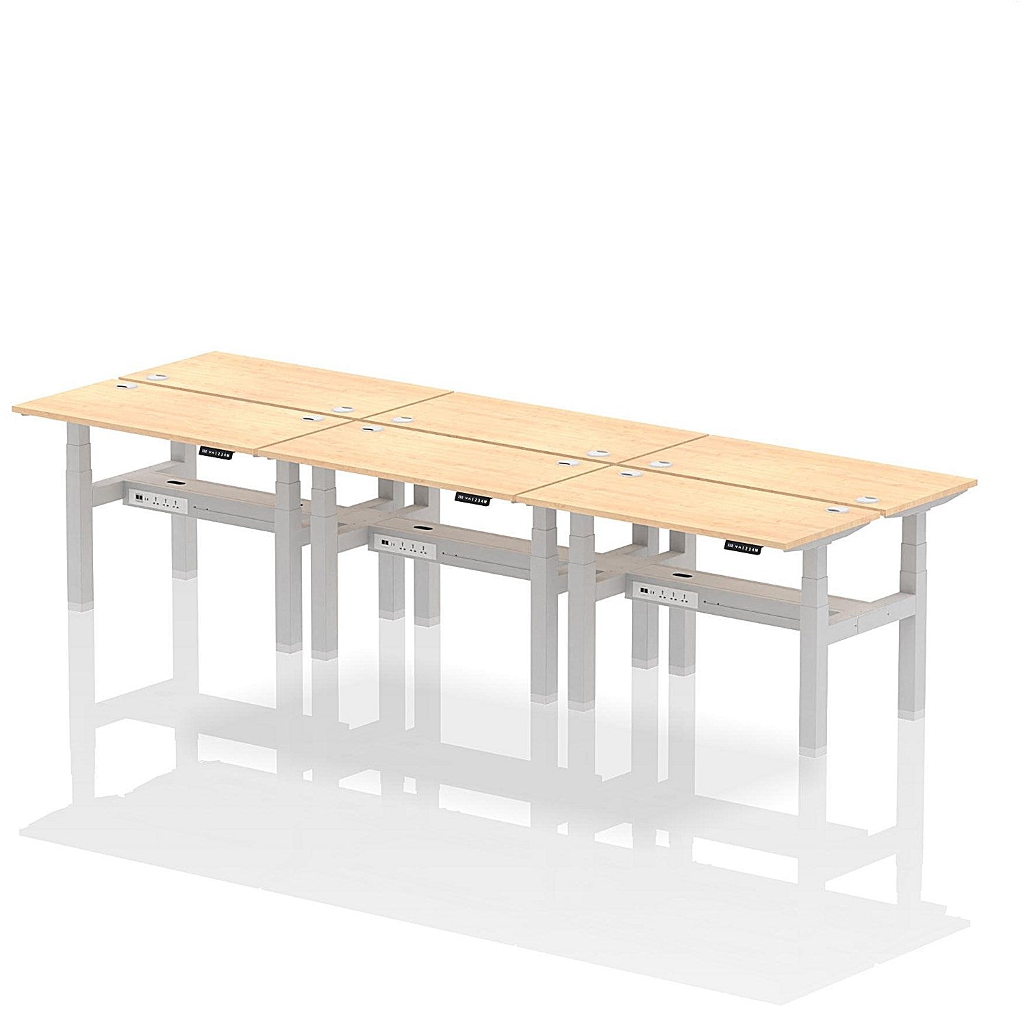 Air 6 Person Sit-Standing Bench Desk, Back to Back, 6 x 1200mm (600mm Deep), Silver Frame, Maple Easy2Order : HA01616