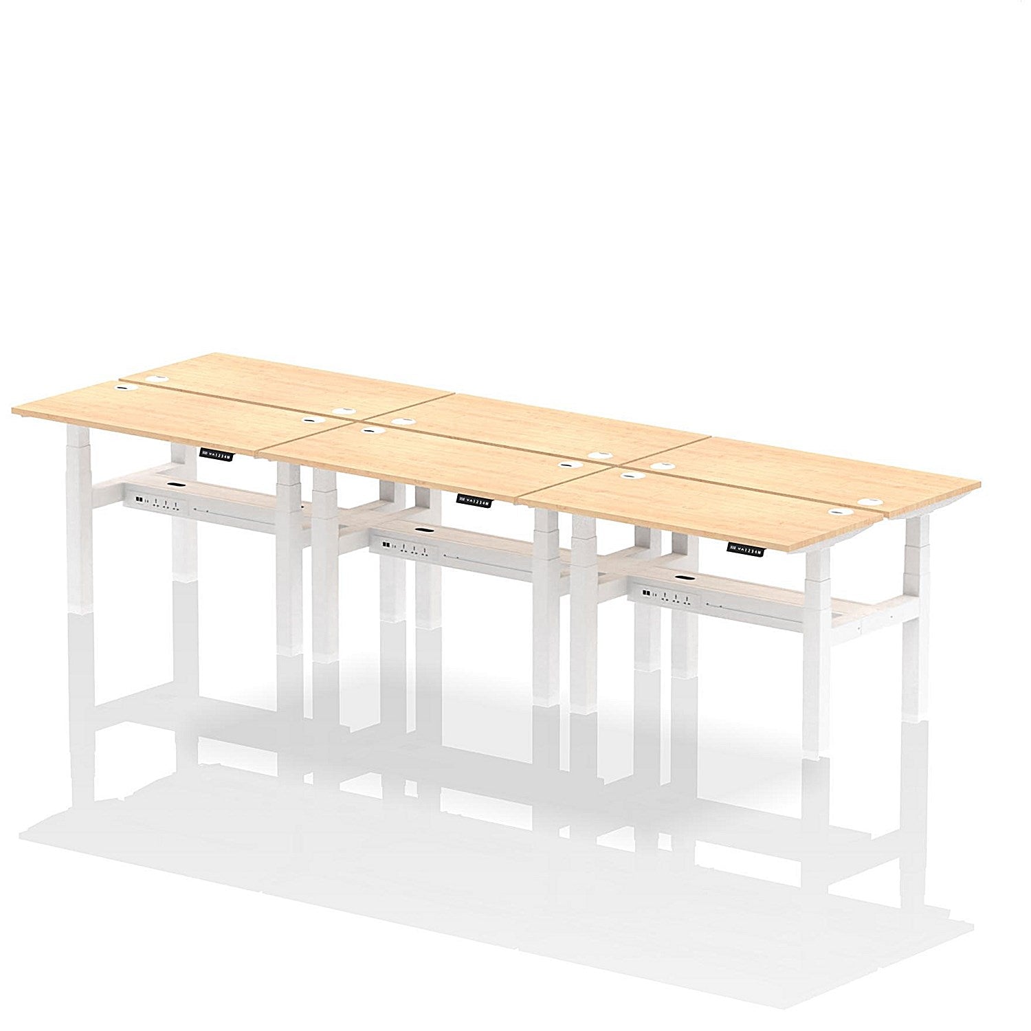 Air 6 Person Sit-Standing Bench Desk, Back to Back, 6 x 1200mm (600mm Deep), White Frame, Maple Easy2Order : HA01618