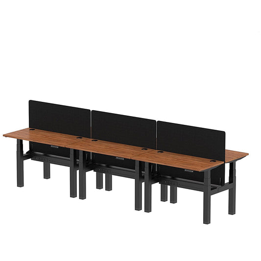 Air 6 Person Sit-Standing Bench Desk with Black Straight Screen, Back to Back, 6 x 1200mm (600mm Deep), Black Frame, Walnut Easy2Order : HA01627