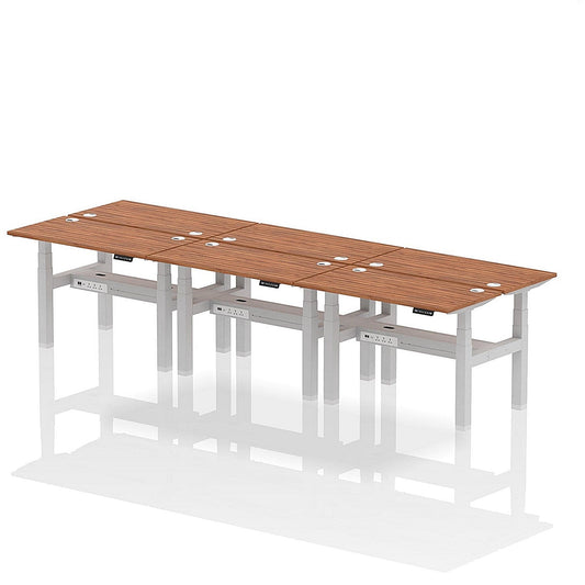 Air 6 Person Sit-Standing Bench Desk, Back to Back, 6 x 1200mm (600mm Deep), Silver Frame, Walnut Easy2Order : HA01628