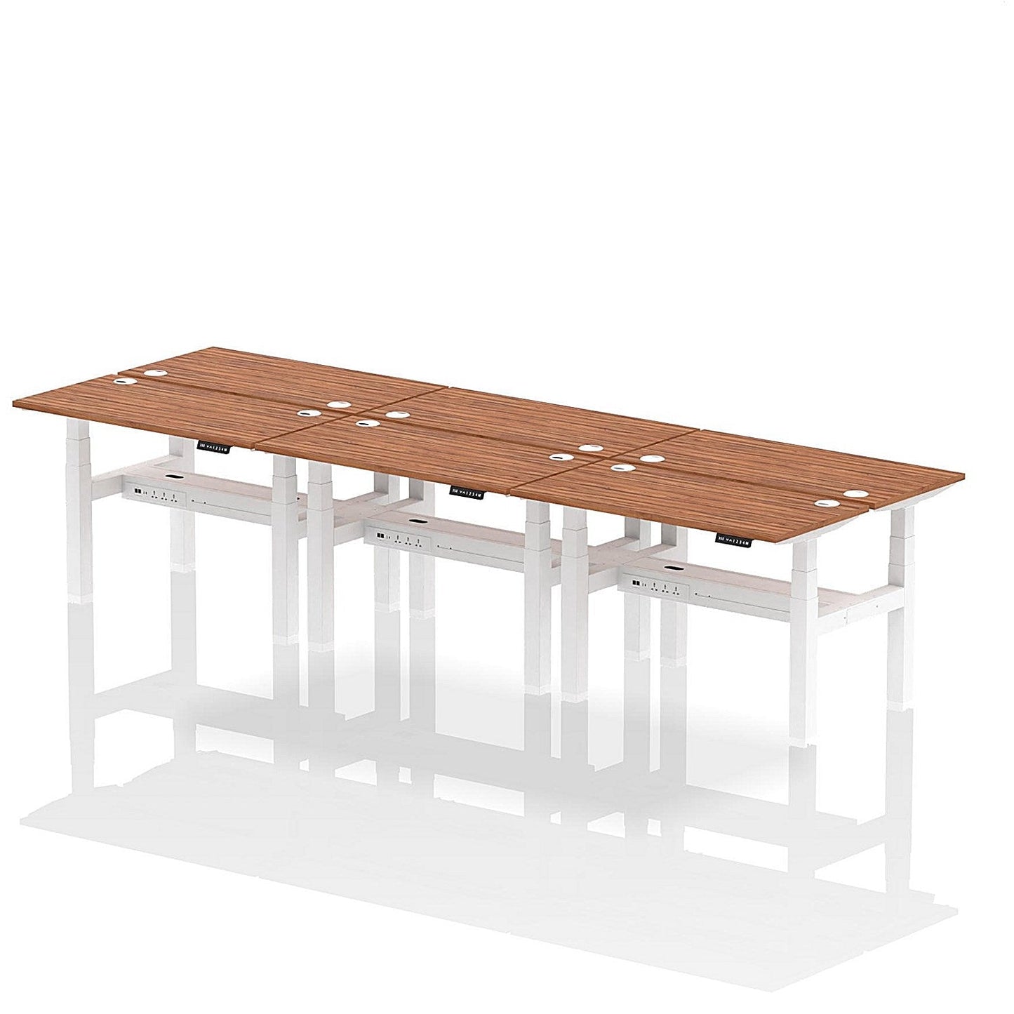 Air 6 Person Sit-Standing Bench Desk, Back to Back, 6 x 1200mm (600mm Deep), White Frame, Walnut Easy2Order : HA01630