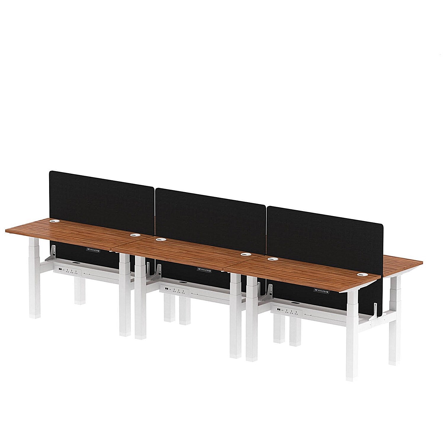 Air 6 Person Sit-Standing Bench Desk with Black Straight Screen, Back to Back, 6 x 1200mm (600mm Deep), White Frame, Walnut Easy2Order : HA01631