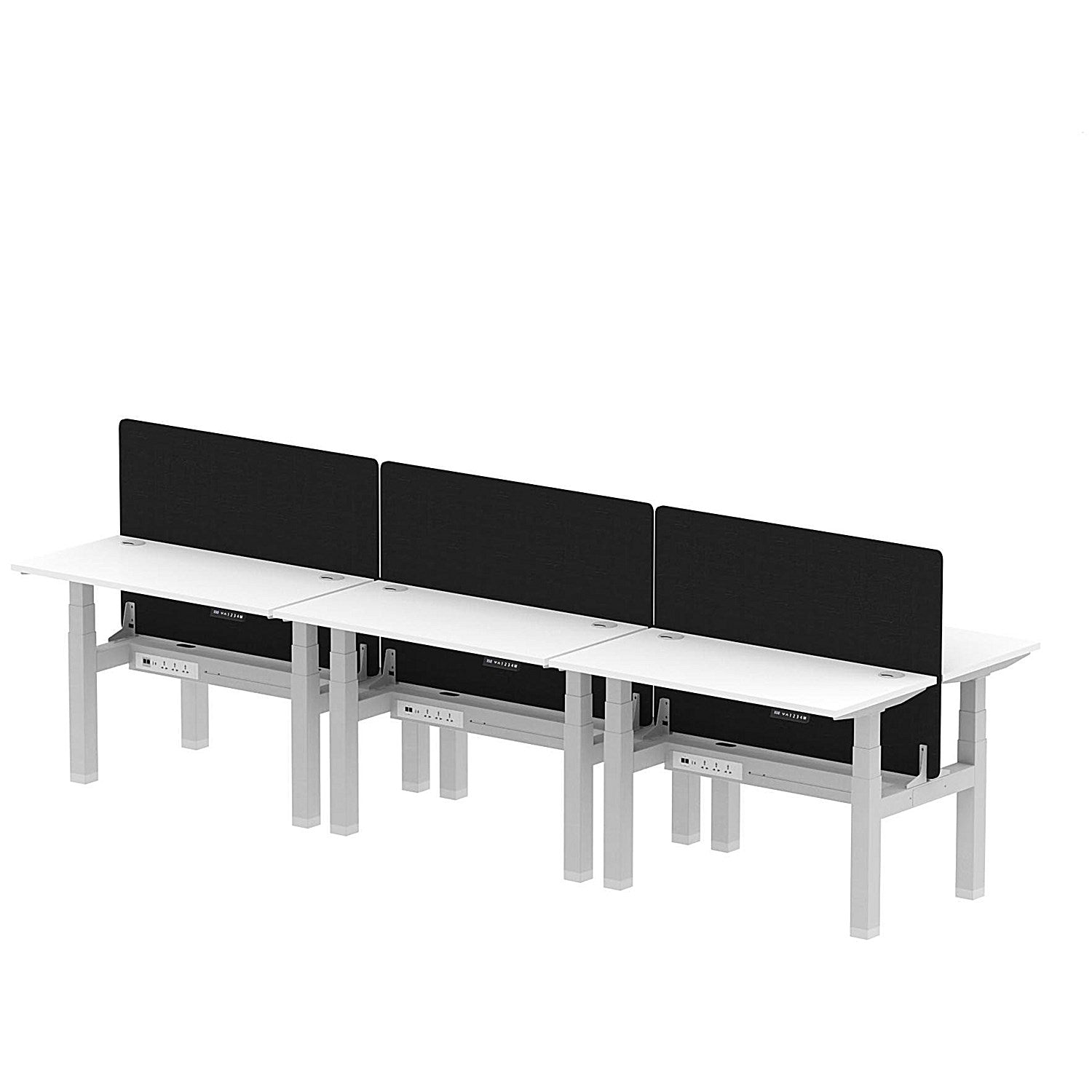 Air 6 Person Sit-Standing Bench Desk with Black Straight Screen, Back to Back, 6 x 1200mm (600mm Deep), Silver Frame, White Easy2Order : HA01635