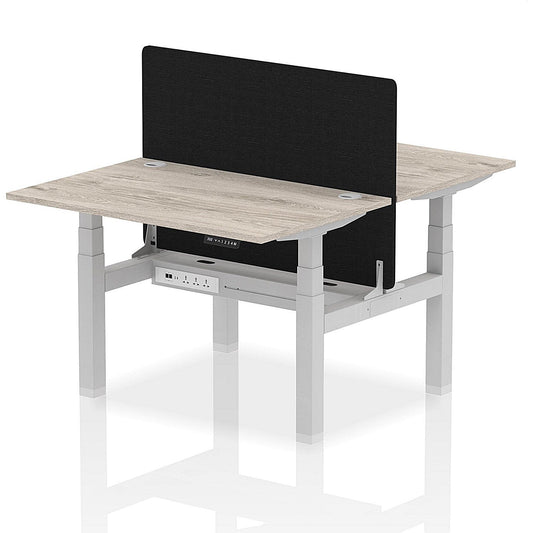 Air 2 Person Sit-Standing Bench Desk with Black Straight Screen, Back to Back, 2 x 1200mm (800mm Deep), Silver Frame, Grey Oak Easy2Order : HA01653