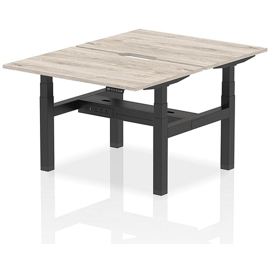 Air 2 Person Sit-Standing Scalloped Bench Desk, Back to Back, 2 x 1200mm (800mm Deep), Black Frame, Grey Oak Easy2Order : HA01656