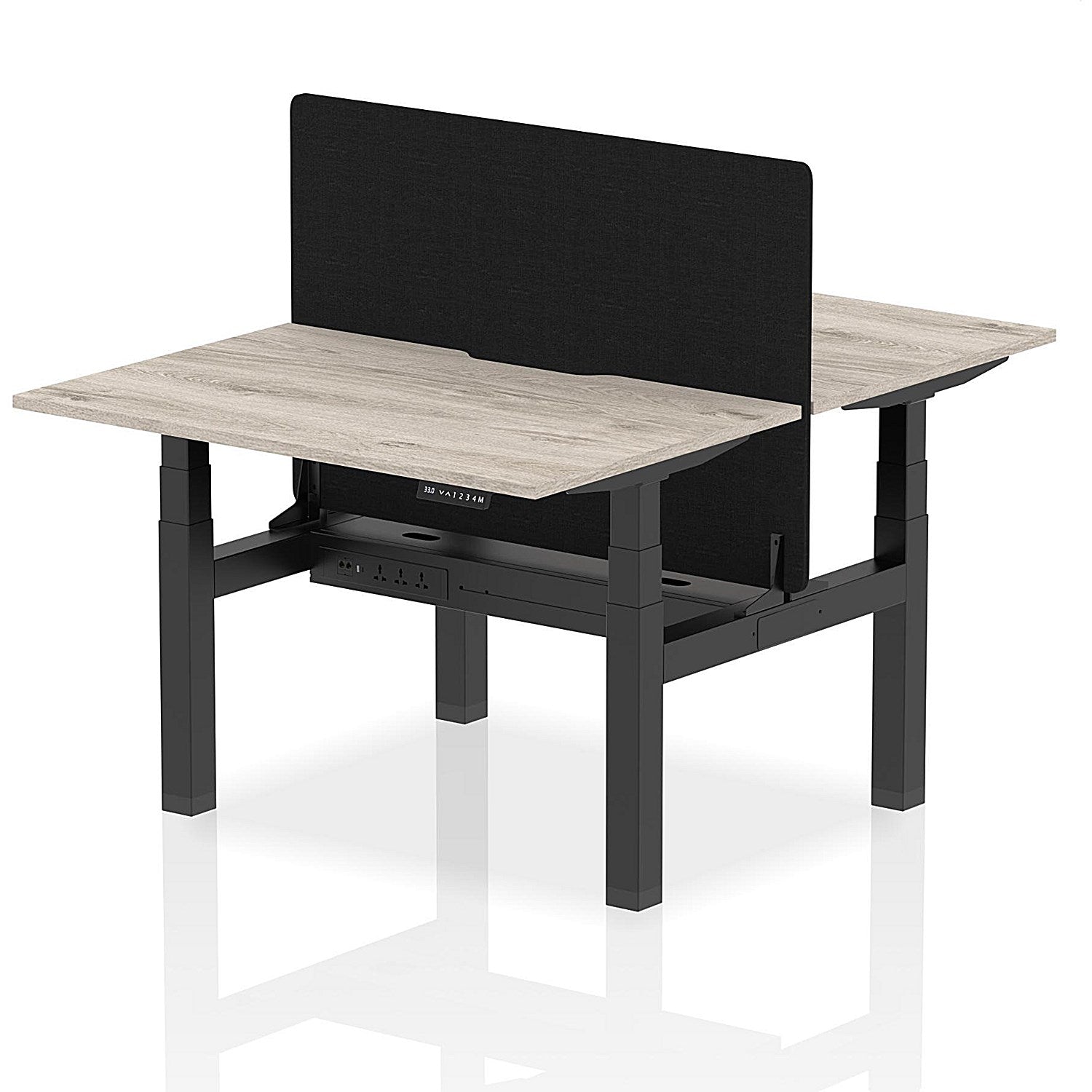 Air 2 Person Sit-Standing Scalloped Bench Desk with Black Straight Screen, Back to Back, 2 x 1200mm (800mm Deep), Black Frame, Grey Oak Easy2Order : HA01657