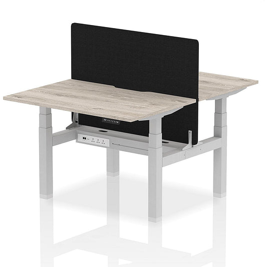 Air 2 Person Sit-Standing Scalloped Bench Desk with Black Straight Screen, Back to Back, 2 x 1200mm (800mm Deep), Silver Frame, Grey Oak Easy2Order : HA01659
