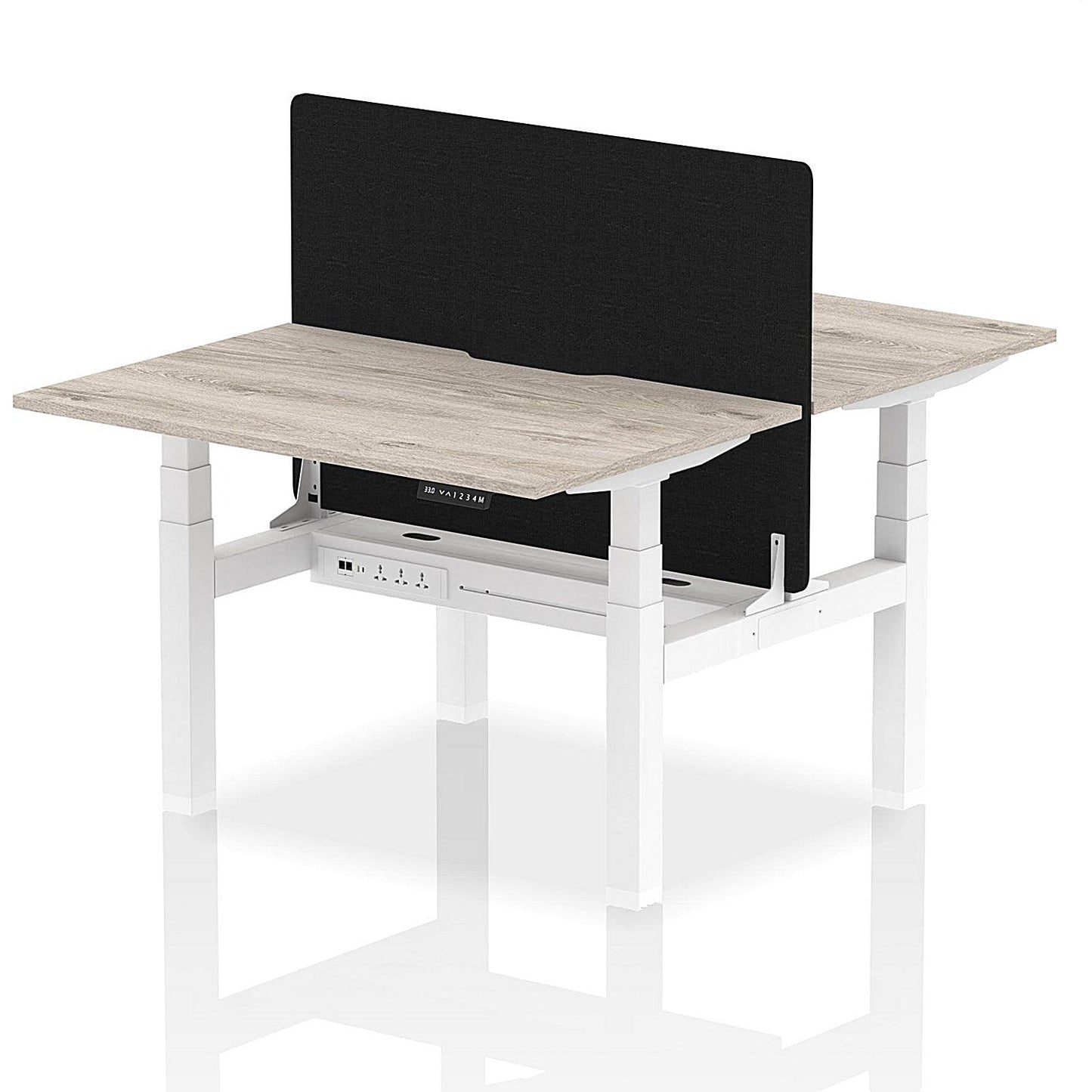 Air 2 Person Sit-Standing Scalloped Bench Desk with Black Straight Screen, Back to Back, 2 x 1200mm (800mm Deep), White Frame, Grey Oak Easy2Order : HA01661