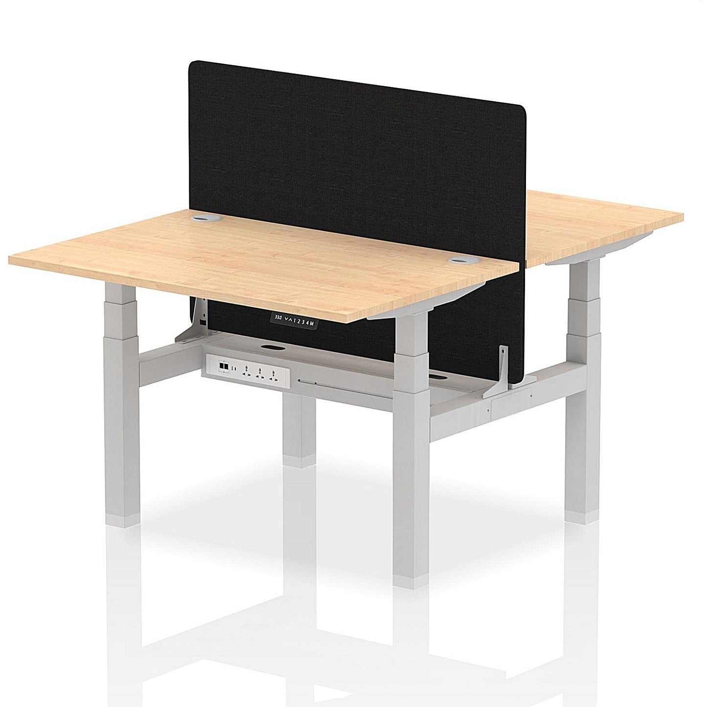 Air 2 Person Sit-Standing Bench Desk with Black Straight Screen, Back to Back, 2 x 1200mm (800mm Deep), Silver Frame, Maple Easy2Order : HA01665