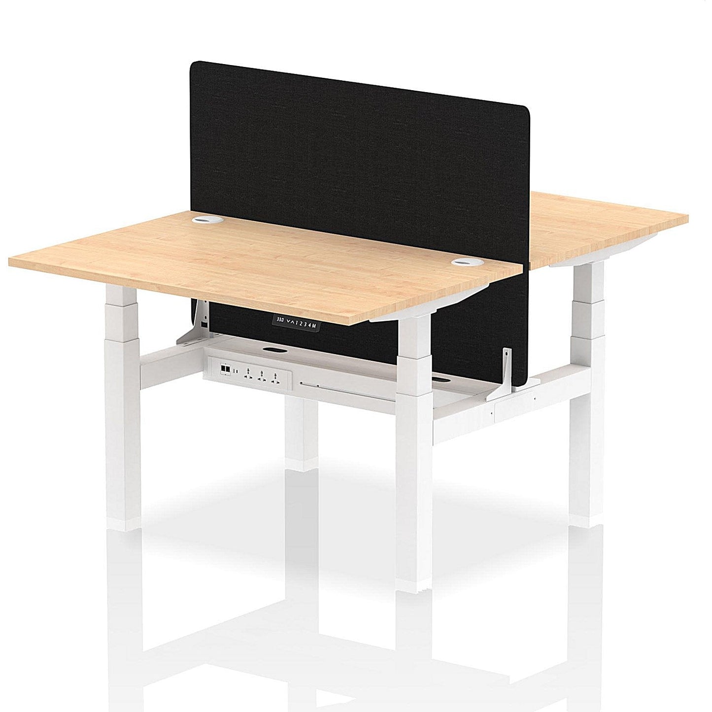 Air 2 Person Sit-Standing Bench Desk with Black Straight Screen, Back to Back, 2 x 1200mm (800mm Deep), White Frame, Maple Easy2Order : HA01667