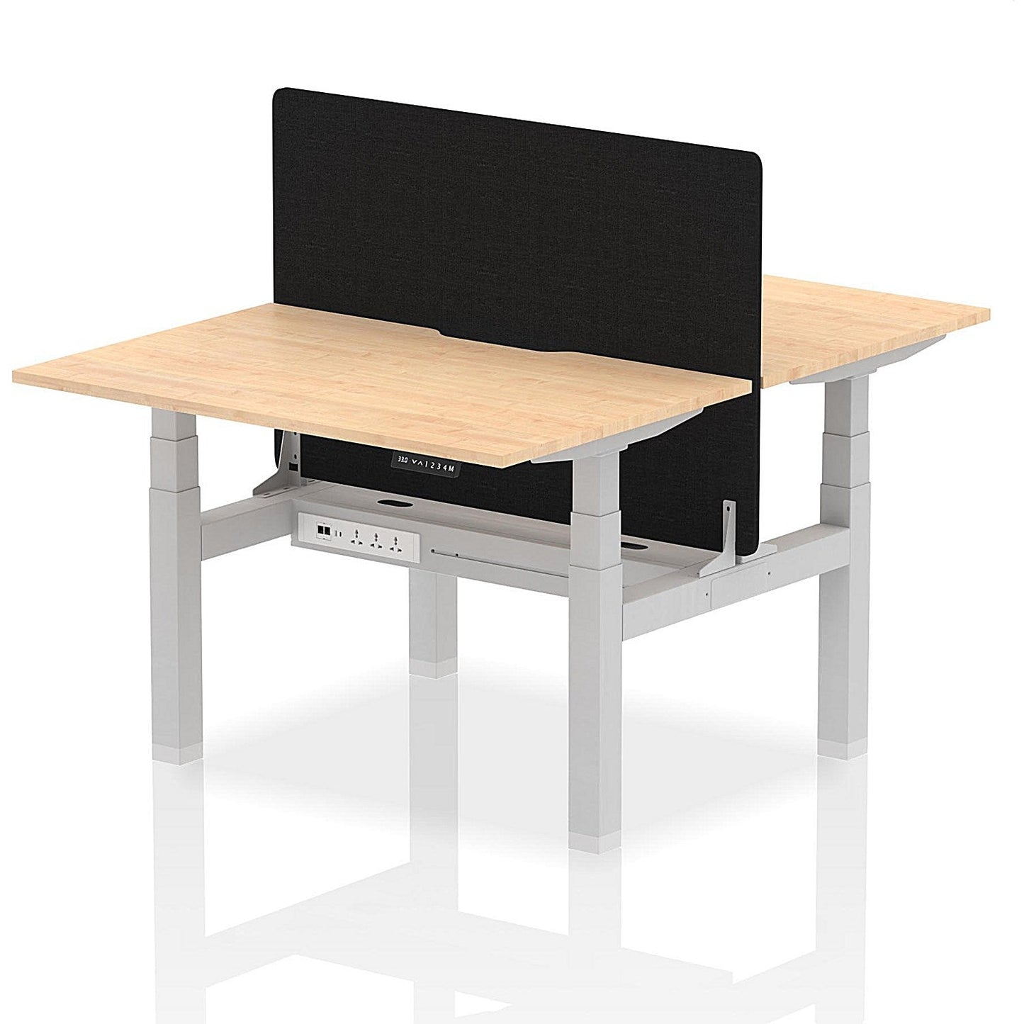 Air 2 Person Sit-Standing Scalloped Bench Desk with Black Straight Screen, Back to Back, 2 x 1200mm (800mm Deep), Silver Frame, Maple Easy2Order : HA01671