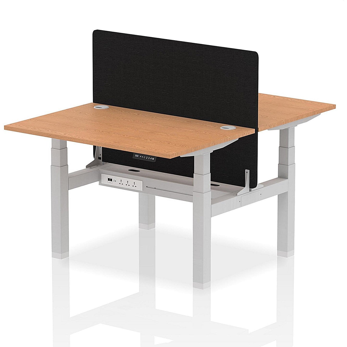Air 2 Person Sit-Standing Bench Desk with Black Straight Screen, Back to Back, 2 x 1200mm (800mm Deep), Silver Frame, Oak Easy2Order : HA01677