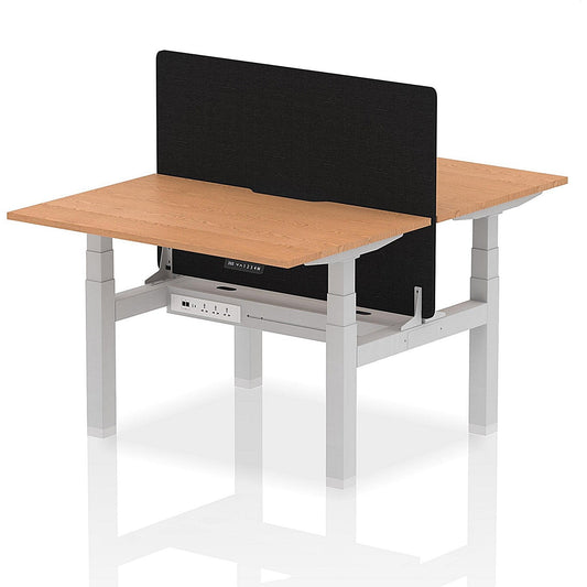 Air 2 Person Sit-Standing Scalloped Bench Desk with Black Straight Screen, Back to Back, 2 x 1200mm (800mm Deep), Silver Frame, Oak Easy2Order : HA01683