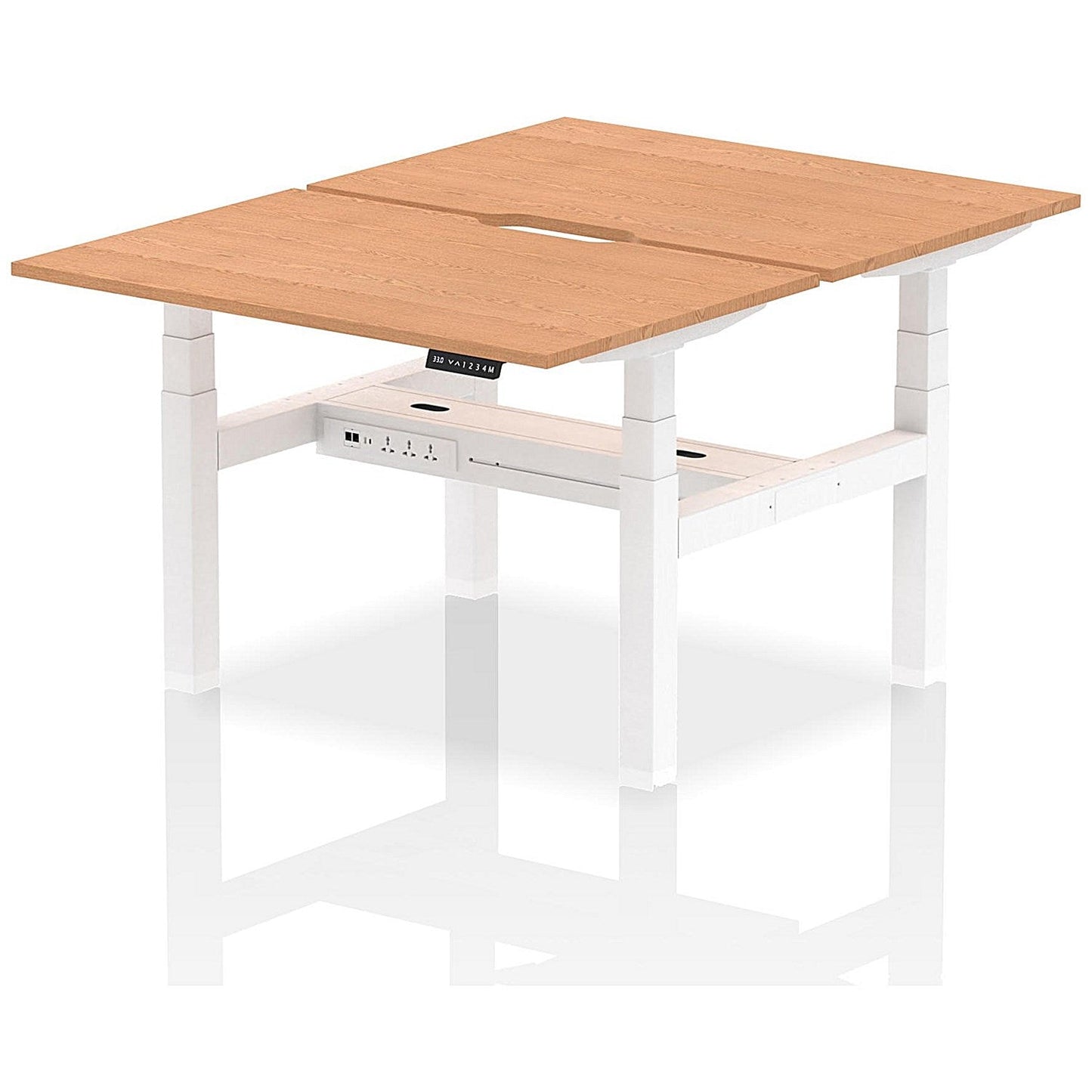 Air 2 Person Sit-Standing Scalloped Bench Desk, Back to Back, 2 x 1200mm (800mm Deep), White Frame, Oak Easy2Order : HA01684