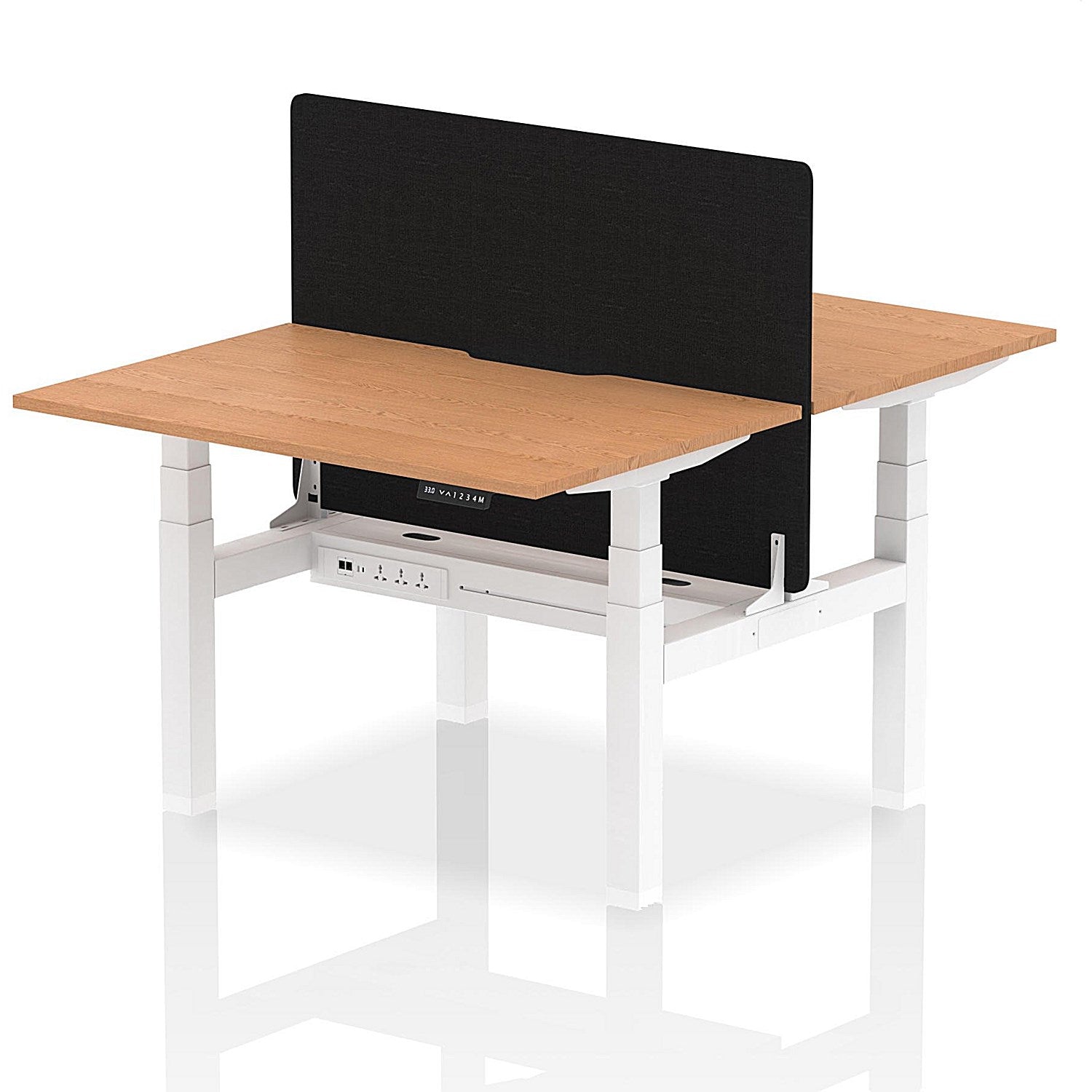 Air 2 Person Sit-Standing Scalloped Bench Desk with Black Straight Screen, Back to Back, 2 x 1200mm (800mm Deep), White Frame, Oak Easy2Order : HA01685