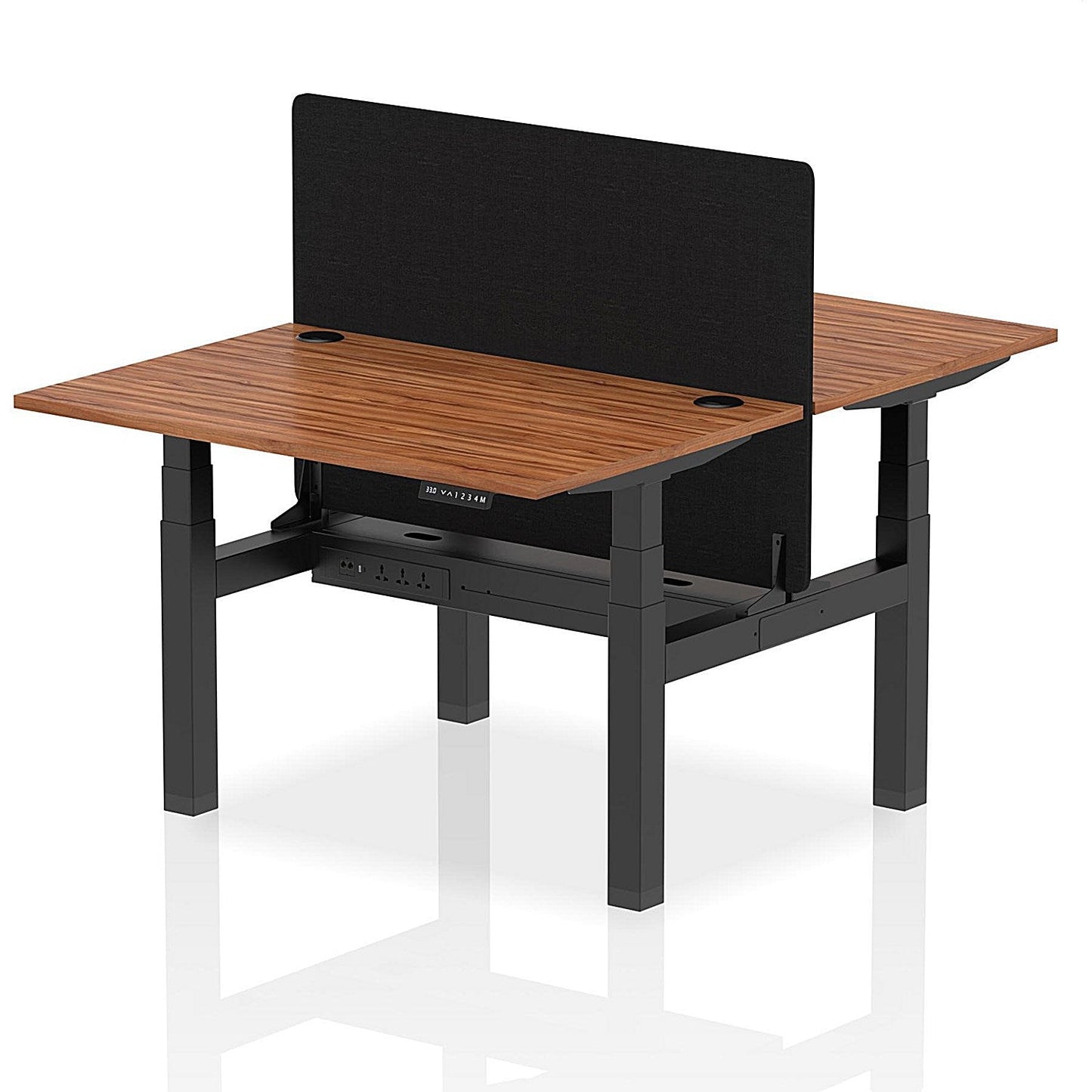 Air 2 Person Sit-Standing Bench Desk with Black Straight Screen, Back to Back, 2 x 1200mm (800mm Deep), Black Frame, Walnut Easy2Order : HA01687