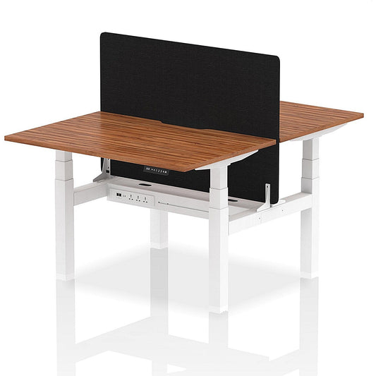 Air 2 Person Sit-Standing Scalloped Bench Desk with Black Straight Screen, Back to Back, 2 x 1200mm (800mm Deep), White Frame, Walnut Easy2Order : HA01697