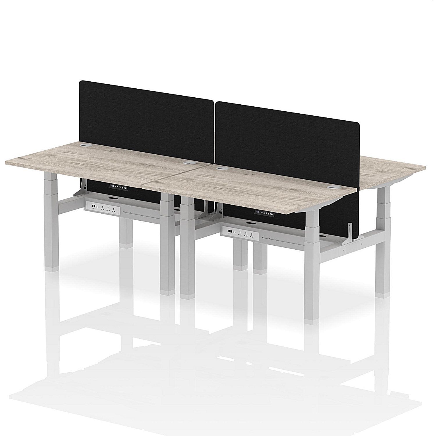Air 4 Person Sit-Standing Bench Desk with Black Straight Screen, Back to Back, 4 x 1200mm (800mm Deep), Silver Frame, Grey Oak Easy2Order : HA01725