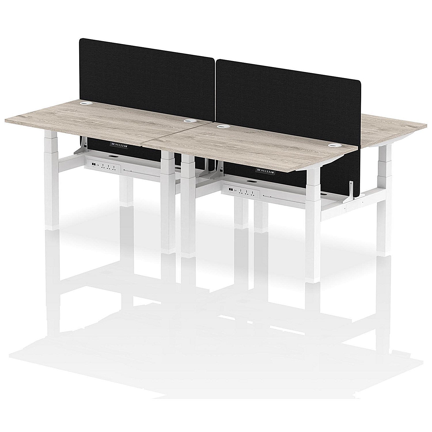 Air 4 Person Sit-Standing Bench Desk with Black Straight Screen, Back to Back, 4 x 1200mm (800mm Deep), White Frame, Grey Oak Easy2Order : HA01727