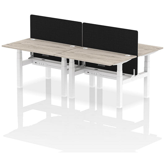 Air 4 Person Sit-Standing Bench Desk with Black Straight Screen, Back to Back, 4 x 1200mm (800mm Deep), White Frame, Grey Oak Easy2Order : HA01727