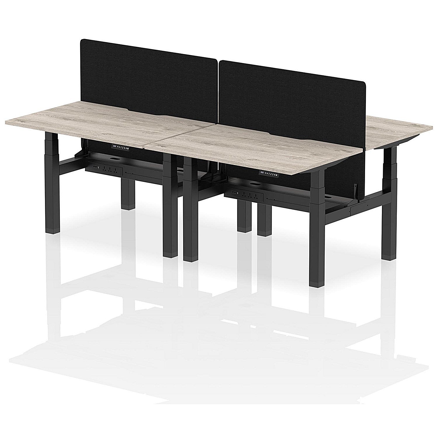 Air 4 Person Sit-Standing Scalloped Bench Desk with Black Straight Screen, Back to Back, 4 x 1200mm (800mm Deep), Black Frame, Grey Oak Easy2Order : HA01729