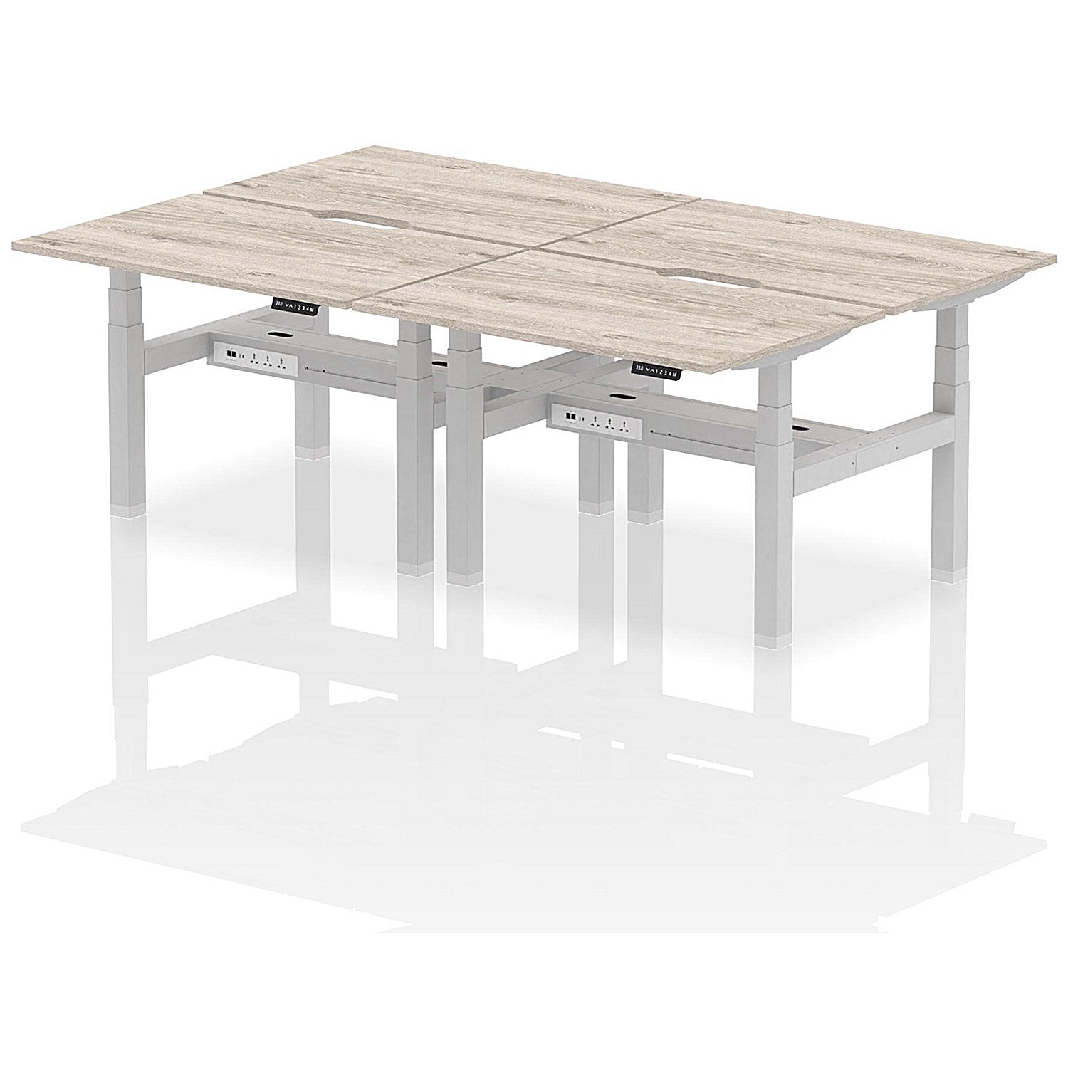 Air 4 Person Sit-Standing Scalloped Bench Desk, Back to Back, 4 x 1200mm (800mm Deep), Silver Frame, Grey Oak Easy2Order : HA01730