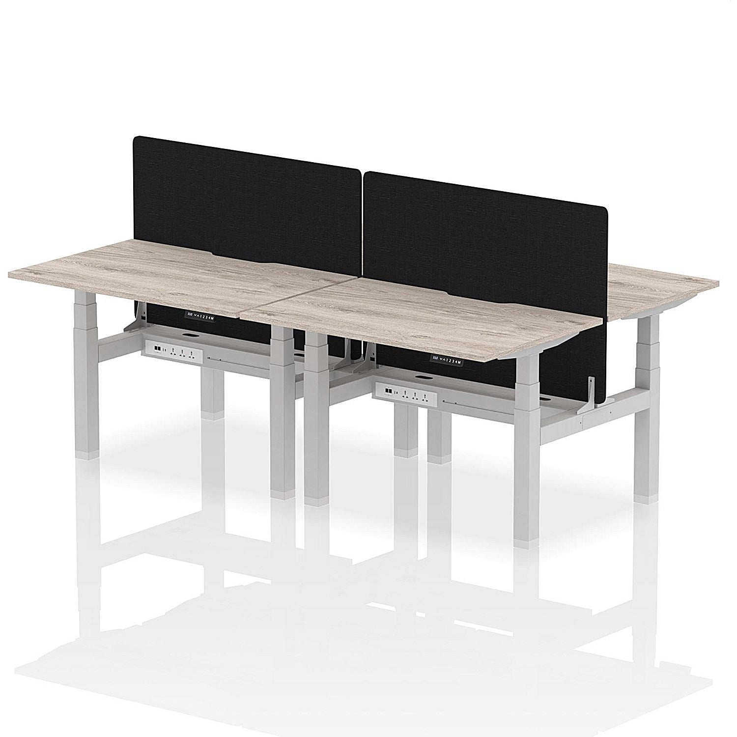 Air 4 Person Sit-Standing Scalloped Bench Desk with Black Straight Screen, Back to Back, 4 x 1200mm (800mm Deep), Silver Frame, Grey Oak Easy2Order : HA01731