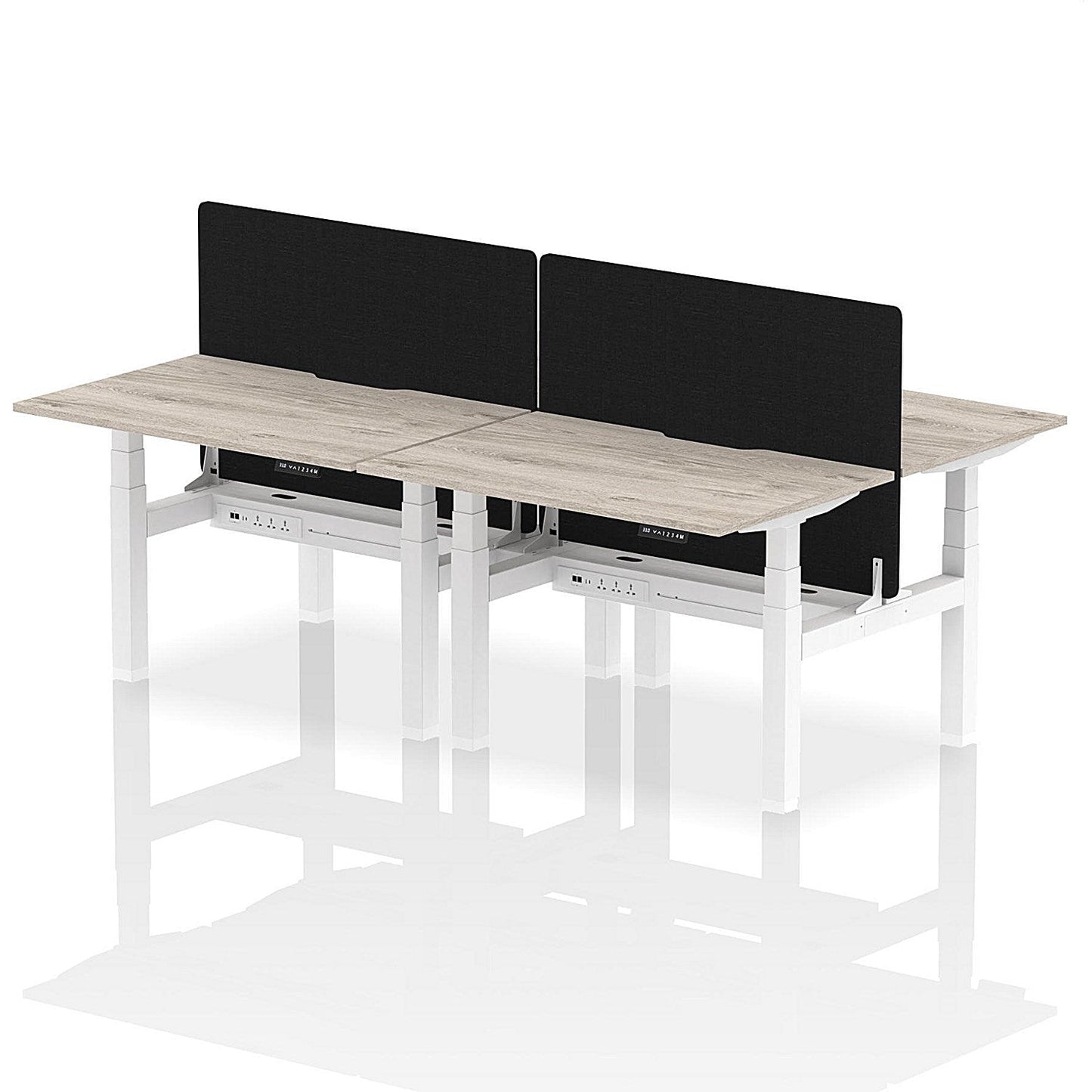 Air 4 Person Sit-Standing Scalloped Bench Desk with Black Straight Screen, Back to Back, 4 x 1200mm (800mm Deep), White Frame, Grey Oak Easy2Order : HA01733